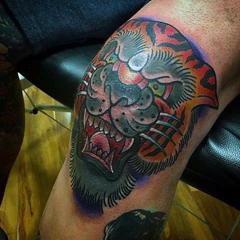 Colorful Tiger Knee Mens Tattoo Ideas