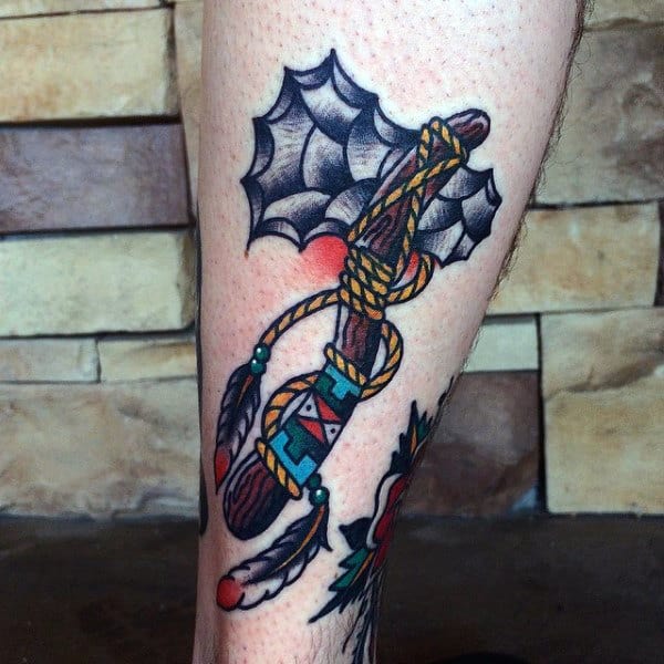 Colorful Tomahawk Guys Tattoo On Lower Leg