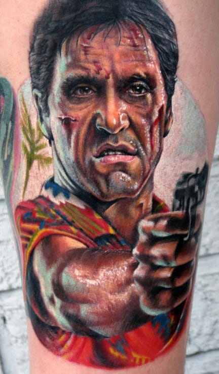 Colorful Tony Montana Mens Scarface Leg Tattoo Designs