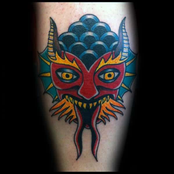 Colorful Traditional Devil Guys Leg Tattoo Inspiration