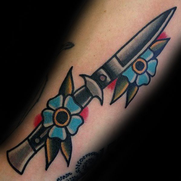 Colorful Traditional Flower Distinctive Male Switchblade Tattoo Designs