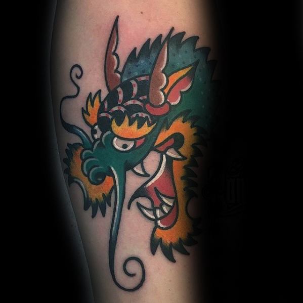 Colorful Tradtional Forearm Mens Simple Dragon Tattoo Ideas