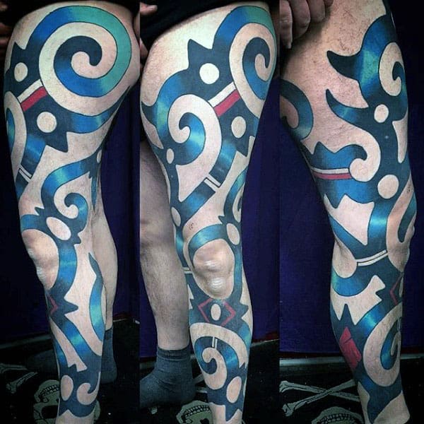 Colorful Tribal Mens Full Leg Tattoo Ideas