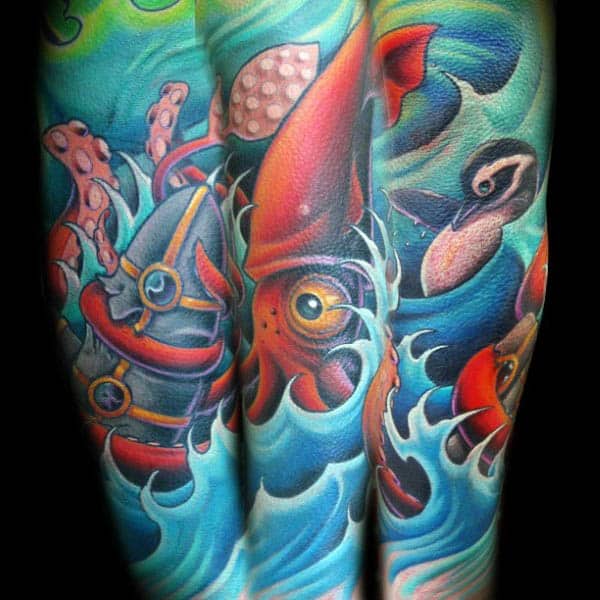 Colorful Underwater Ocean Themed Squid Tattoo For Men Full Sleeve