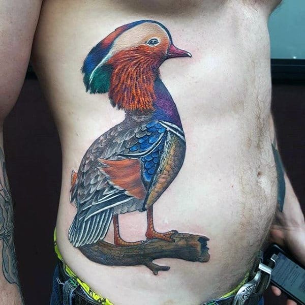 Colorful Unique Bird And Duck Modern Tattoo On Mans Side