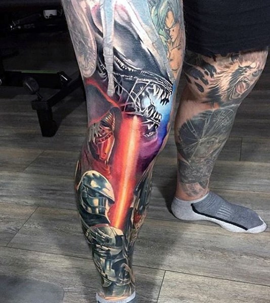 Colorful Video Game Crazy Full Leg Sleeve Tattoos For Guys