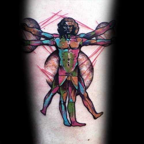 Colorful Vitruvian Man Mens Inner Forearm Tattoo Designs