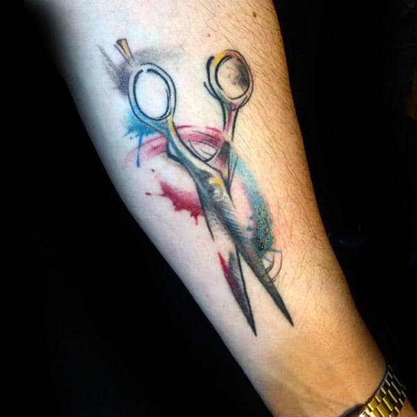 Colorful Watercolor Male Scissor Inner Forearm Tattoo Ideas
