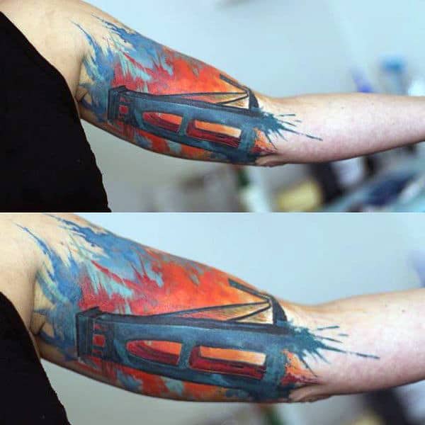 Colorful Watercolor Mens Bridge Inner Arm Bicep Tattoo