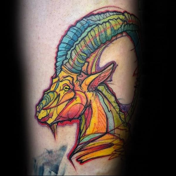 Colorful Watercolor Mens Goat Tattoos