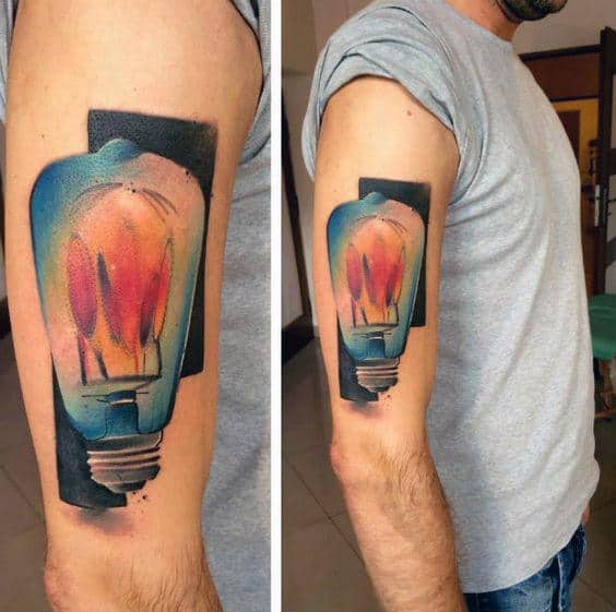 Colorful Watercolor Mens Light Bulb Upper Arm Tattoos