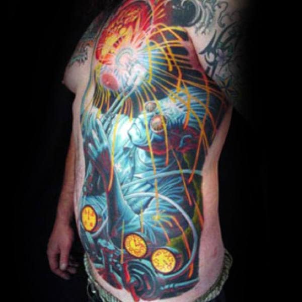Colorful Welding Hot Sparks Guys Chest Tattoo Design Inspiration