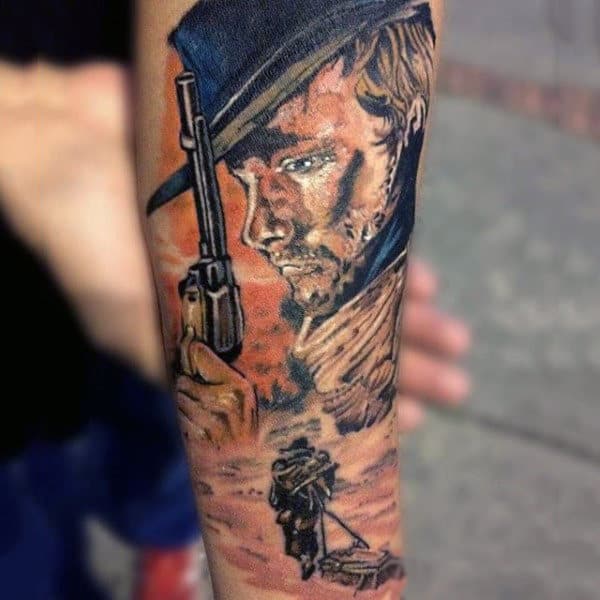 Colorful Western Tattoo Man Holding Rifle