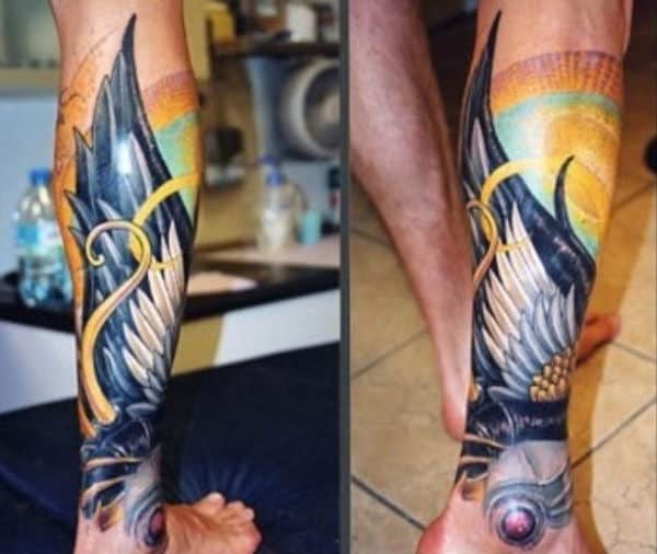 Colorful Wing Male Hermes Tattoo On Leg
