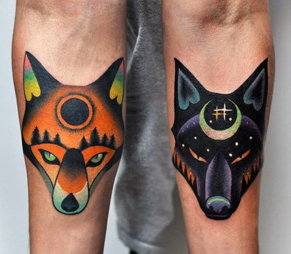 Colorful Wolf And Fox Original Mens Inner Forearm Tattoos