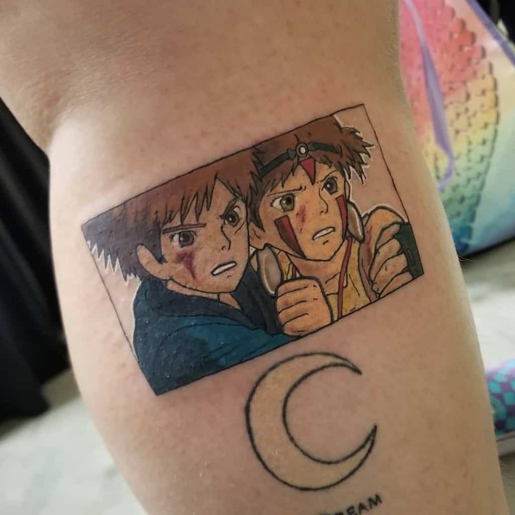 Anime-style tattoo of Ashitaka and San in a tense moment, framed like a film scene, inspired by Princess Mononoke.