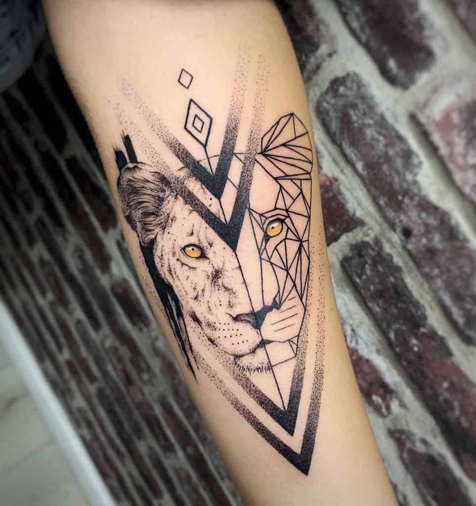 Geometric lioness tattoo on the forearm, featuring a split design with realistic shading on one side and angular polygonal lines on the other.
