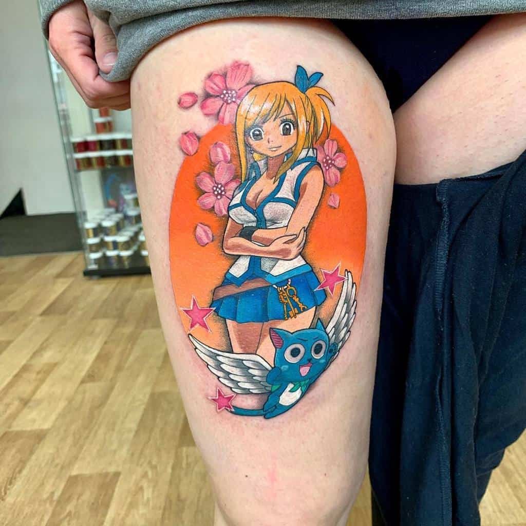 Vibrant tattoo of Lucy Heartfilia and Happy from Fairy Tail on the thigh, featuring bright colors, cherry blossoms, and a dynamic background.