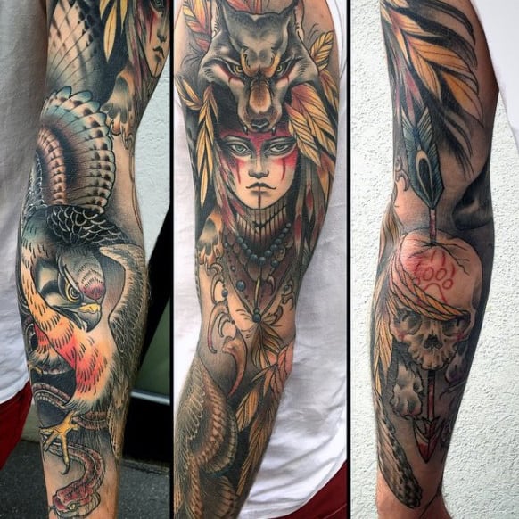 Colourful Native American Full Sleeve Tattoo Princess With Hawk And Wolf Head Costume On Male