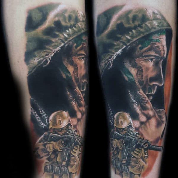 Combat Army Mens Realistic Arm Tattoo Ideas