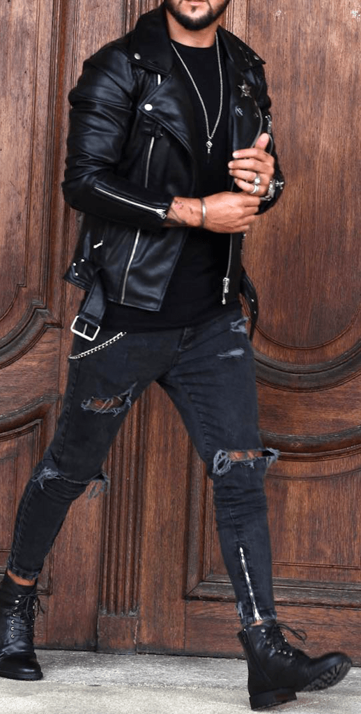 men street style, combat boots with ripped jeans and biker jacket