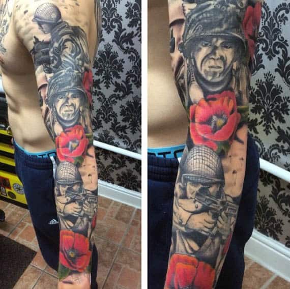 Combat World War I Soliders Poppy Flower Sleeve Mens Tattoo Design