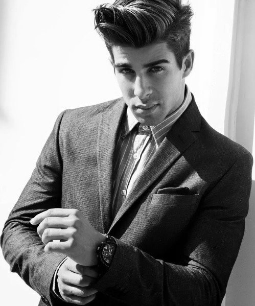 Classic pompadour with voluminous, slicked-back hair