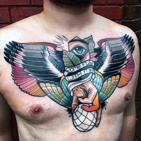 Come Fly With Me Wings With All Seeing Eye Modern Mens Upper Chest Tattoo