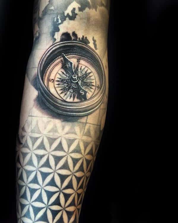 Compass 3d Male Flower Of Life Forearm Sleeve Tattoos