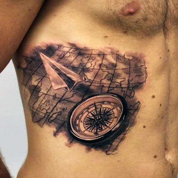 Compass And Map 3d Mens Paper Airplane Rib Cage Side Tattoo