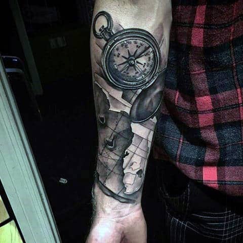 Compass And Map Tattoo Male Forearms
