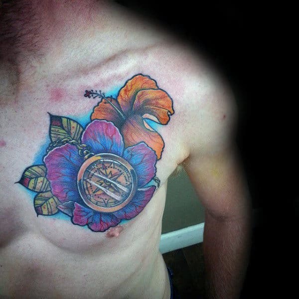 Compass Hibiscus Mens Chest Tattoo