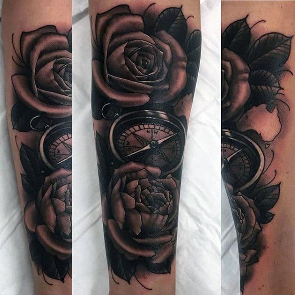 Compass Peony Mens Forearm Tattoos With Shaded Black And Grey Ink Design