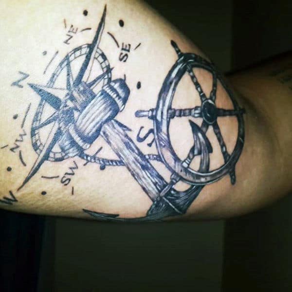 Compass Ship Wheel And Anchor Mens Arm Tattoos