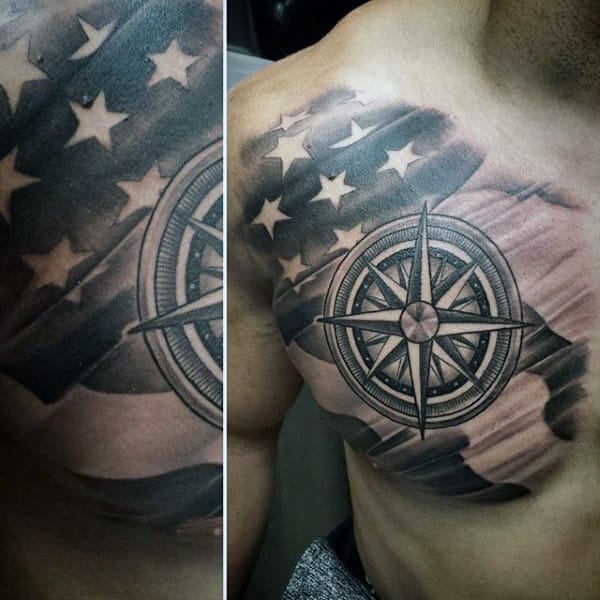 Compass Tattoo Of American Flag For Gentlemen