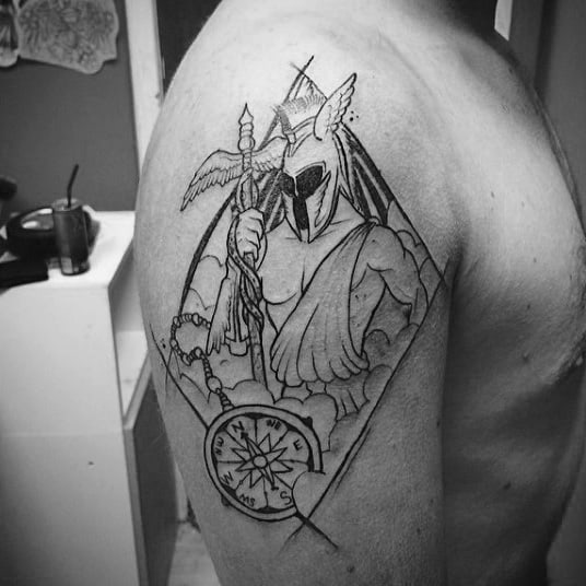 Compass With Hermes Mens Upper Arm Tattoos
