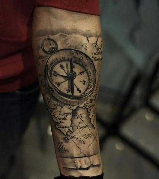 Compass With Map Awesome Mens Realistic Forearm Tattoos