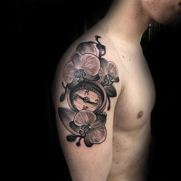 Compass With Orchid Flowers Mens Upper Arm Tattoos