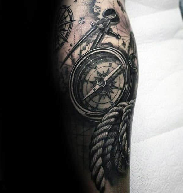 Compass With Rope And Map Guys Leg 3d Sleeve Tattoo