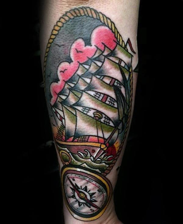 Compass With Ship Male Traditional Tattoo Design On Outer Forearm