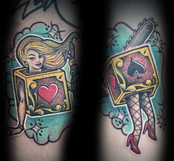 Colorful matching tattoos of a magician’s assistant illusion, showing a woman split in two magic boxes, symbolizing playful love and connection.