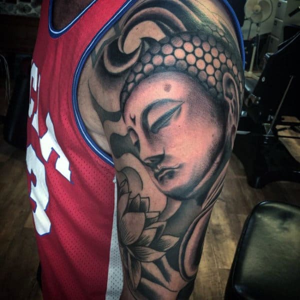 Composed Buddha Face Tattoo On Arms For Males