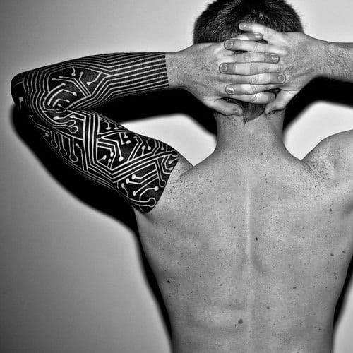 Computer Circuit Board Mens Negative Space All Black Sleeve Tattoo