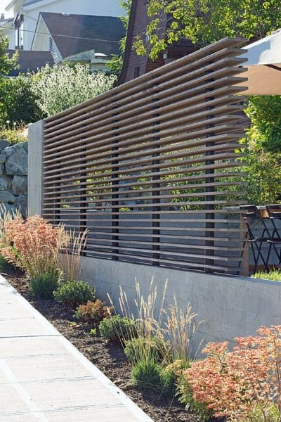 Modern wooden panel fence with horizontal slats and a concrete base, surrounded by decorative landscaping.
