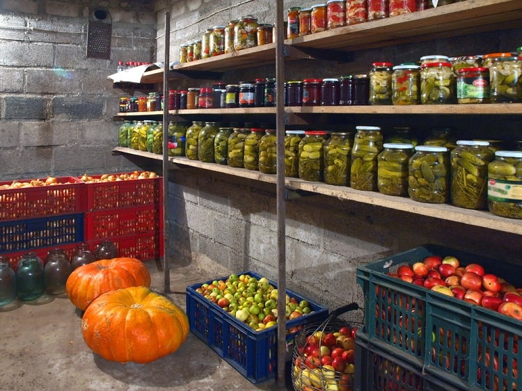 Basement shelves with jars of pickled vegetables and crates of apples and pumpkins on floor.