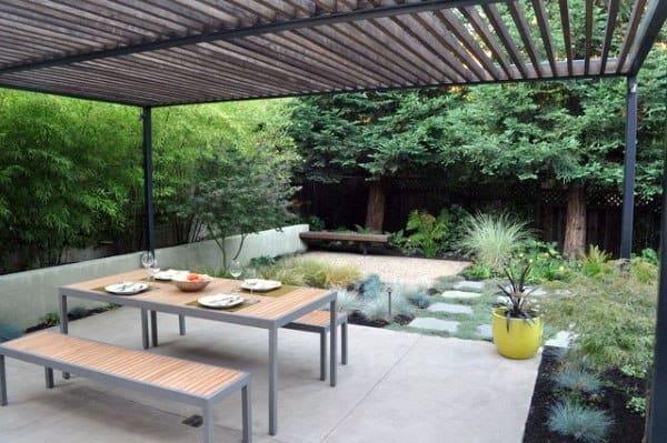 concrete patio lush garden