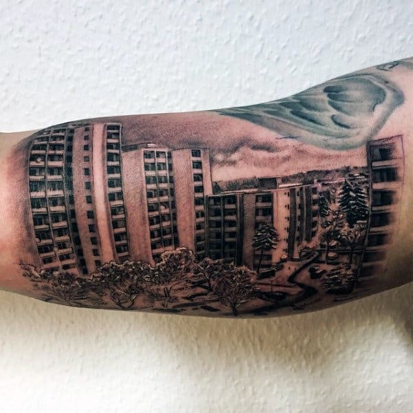 Condo Building Mens Inner Arm Bicep Tattoos