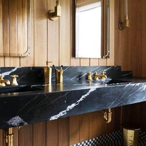 natural oak wood backsplash with marble accent 