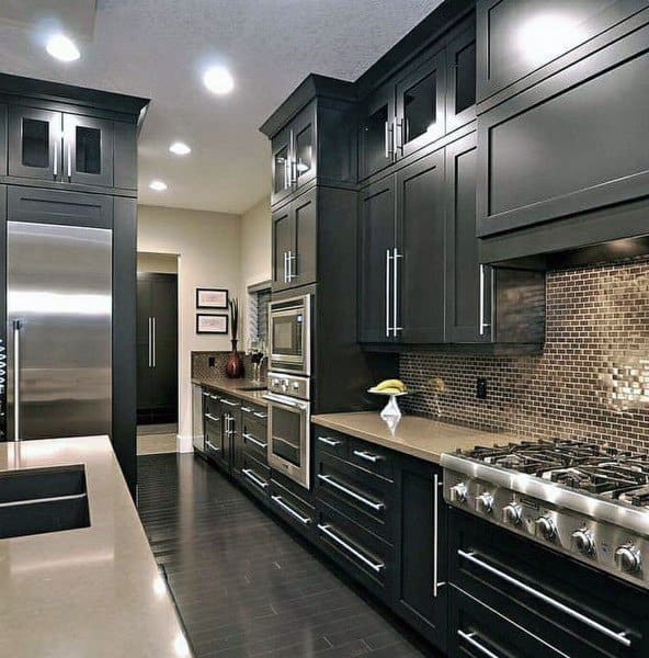 contemporary black kitchen cabinets with stainless steel bar pull handles