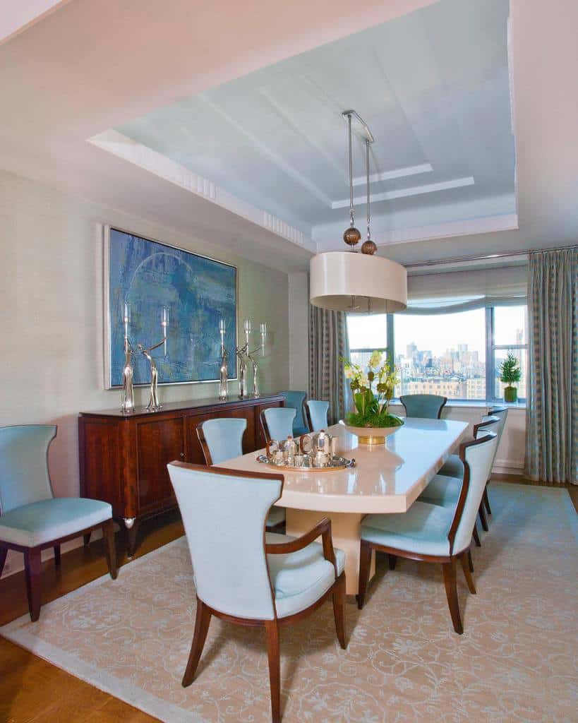 contemporary dining room marble tabletop abstract wall art city view